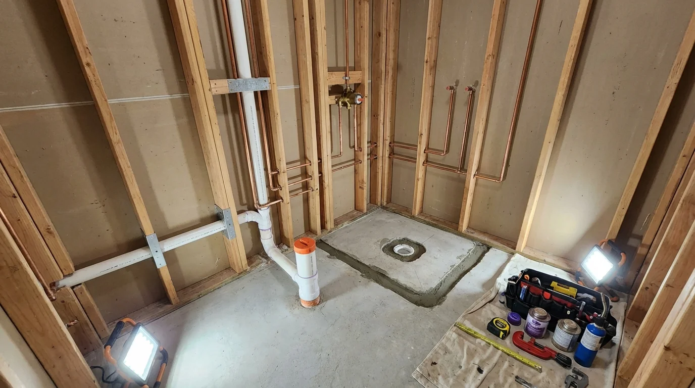 Bathroom rough-in plumbing during remodel by Johns Plumbing LLC in Frackville
