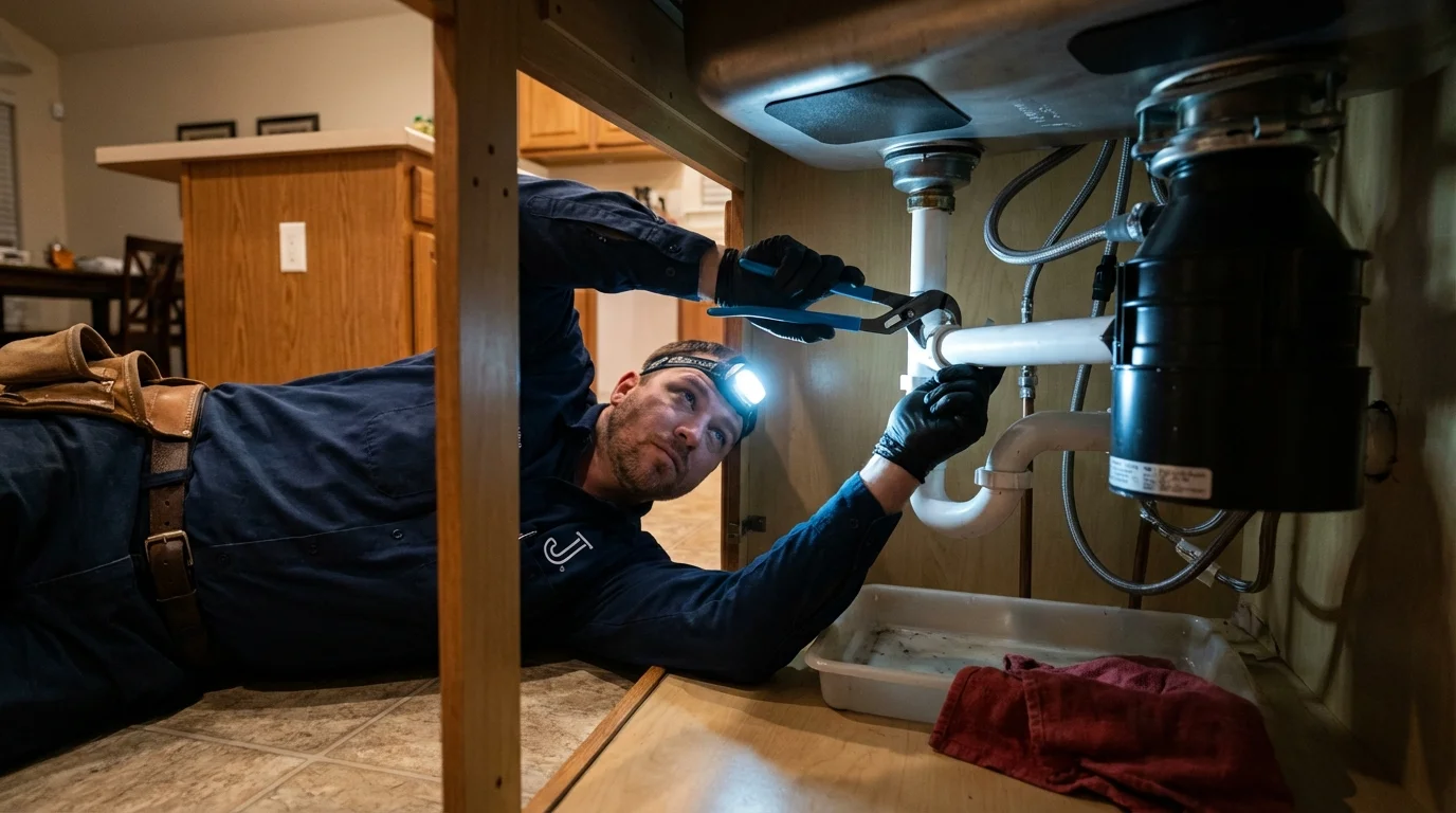 P-trap and supply line connections under a kitchen sink showing a common leak point in Frackville, PA